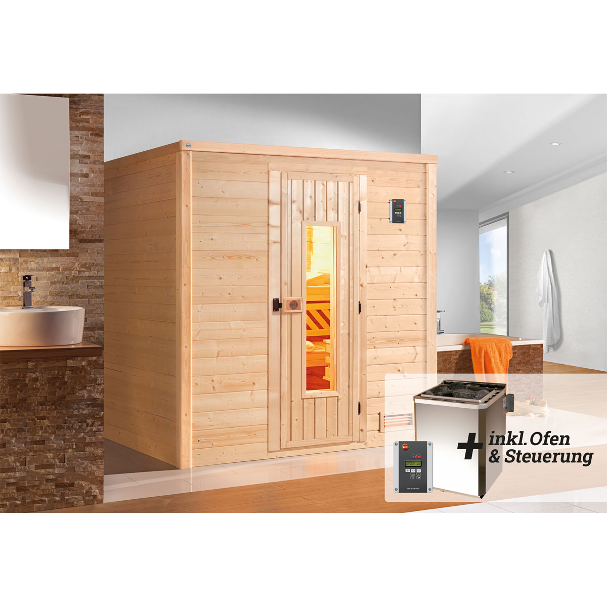 Weka  Premium Massivholz-Elementsauna Kemi Größe 5 Sparset 7,5 kW Bio S Bild 2