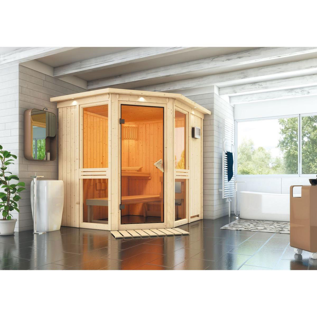 Karibu Amelia 1 Eckeinstieg 9 kW Ofen Bio externe Strg mit Kranz