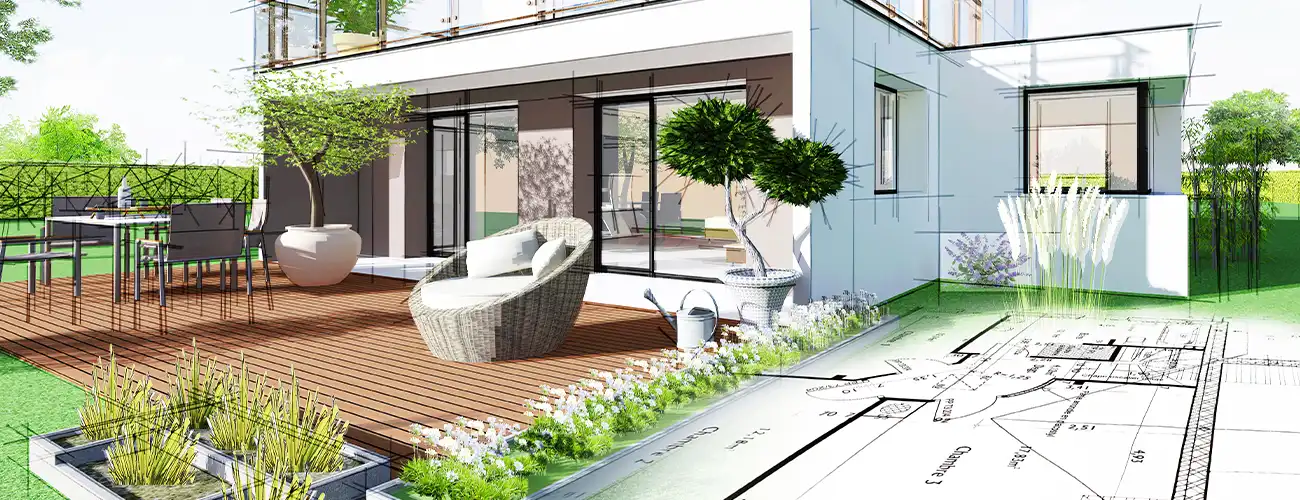 Eine Terrasse mit Gartenmöbeln steht vor einem modernen Haus, umgeben von Pflanzen.