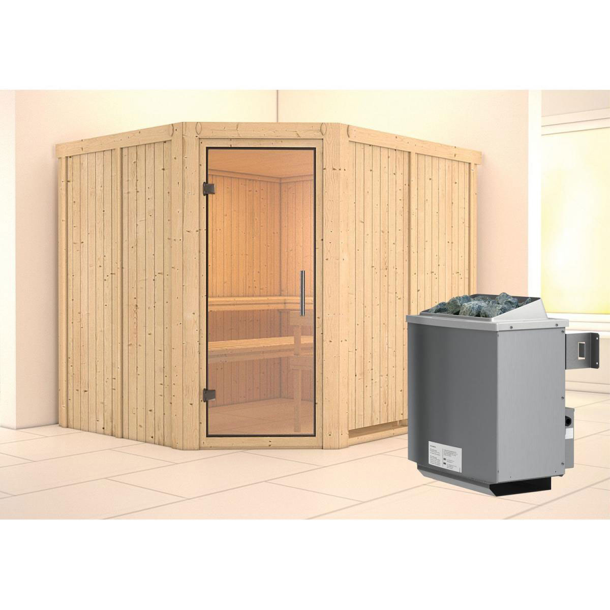 Karibu Sauna Malin Eckeinstieg 9 kW Ofen integr Strg kein Kranz Klarglas-Tür Bild 5