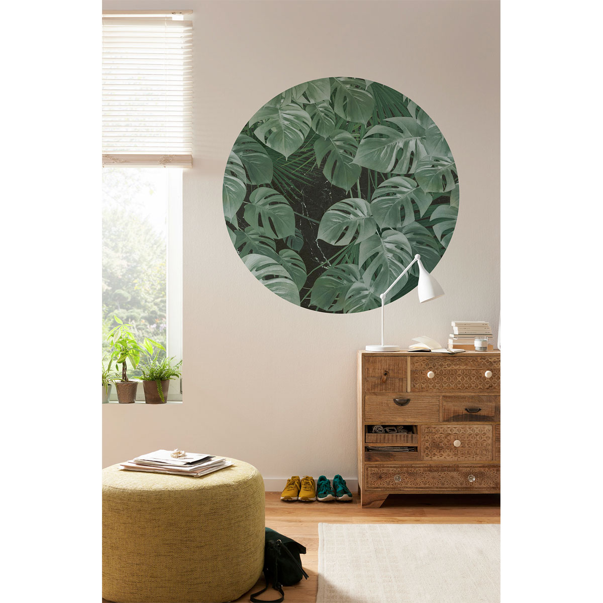 Komar Selbstklebende Vlies Fototapete rund Novel Monstera Durchmesser 125 cm