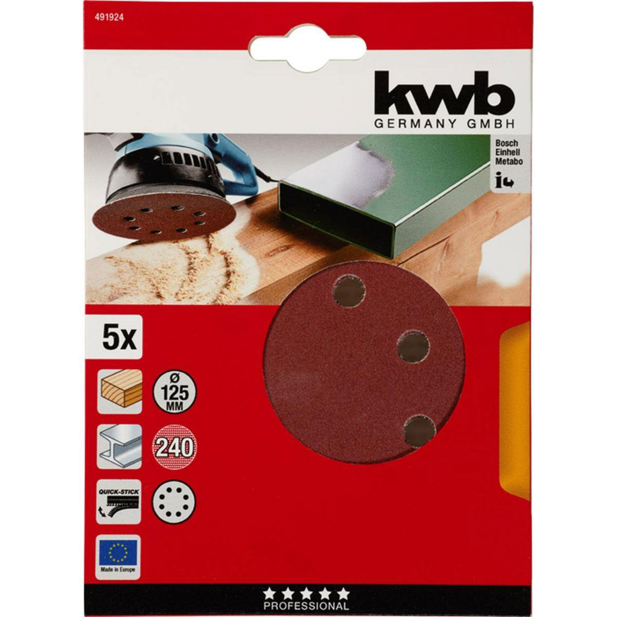 kwb  Schleifscheiben Quick-Stick Holz und Metall Durchmesser 125 mm K240 5 Stück Bild 2