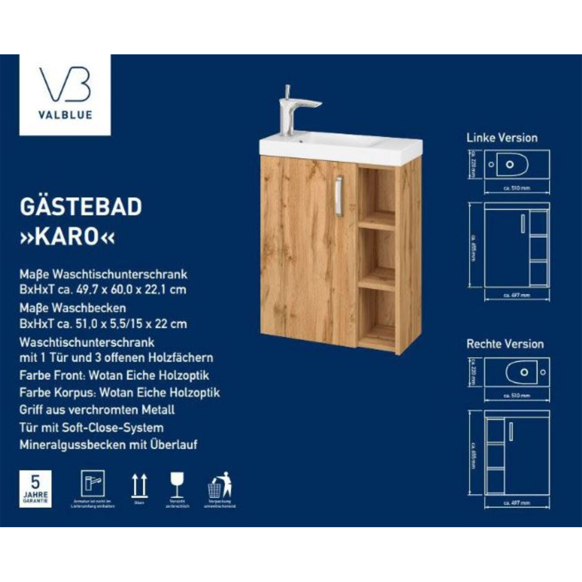 Valblue Gäste-Waschplatz SET Karo Wotan Eiche best. aus WBU, MG-Becken, Spiegelschrank B50cm Bild 3