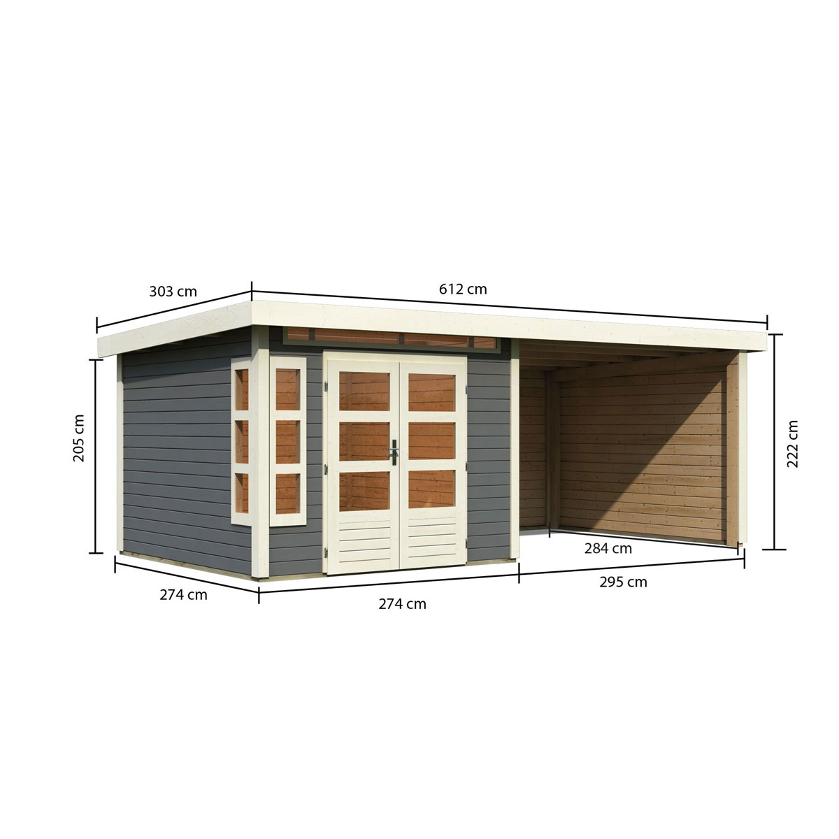 Karibu  Blockbohlenhaus Kastorf 6 terragrau mit Anbaudach und Seiten Bild 2