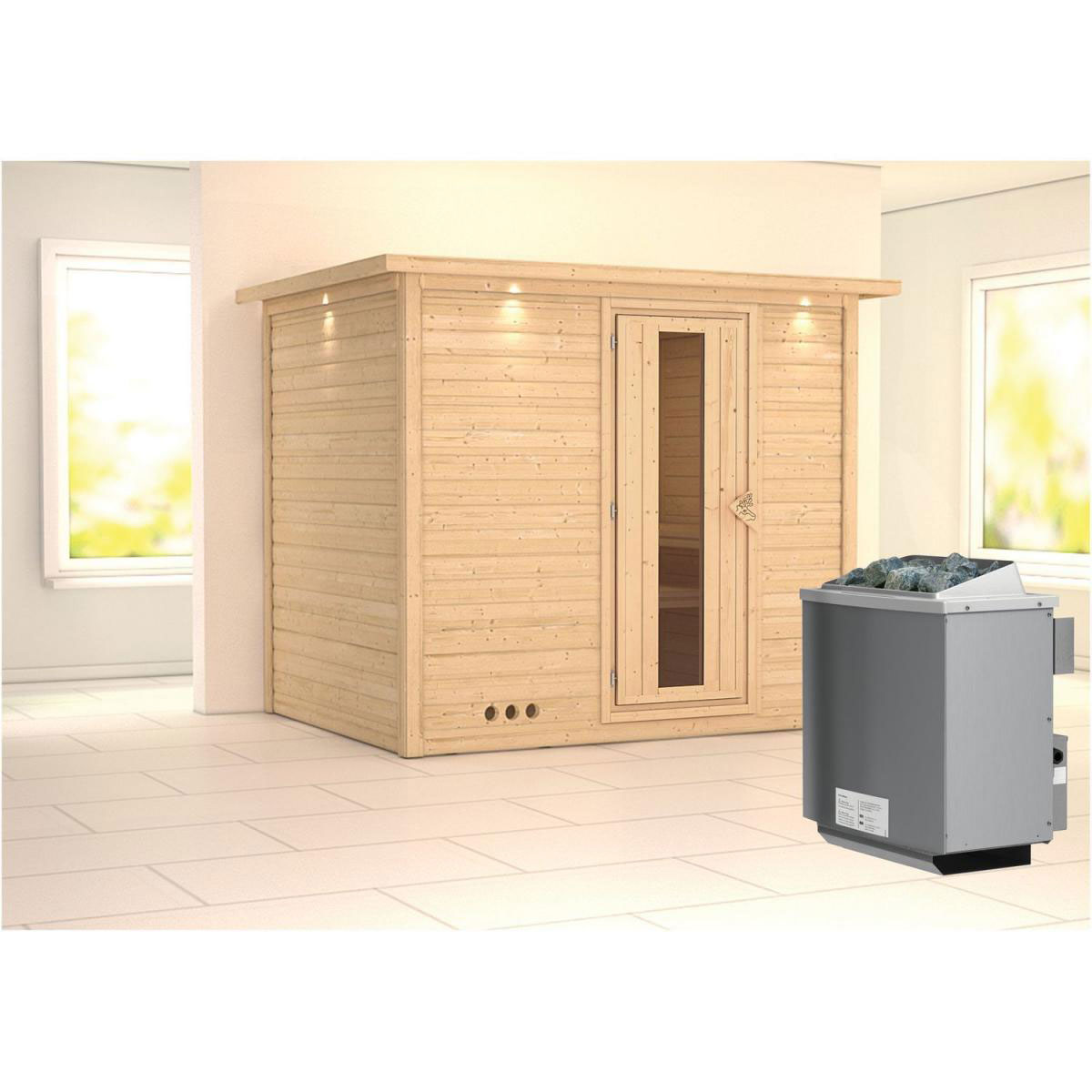 Karibu Sauna Sonara Fronteinstieg 9 kW Ofen integr Strg Tür gedämmt mit Kranz