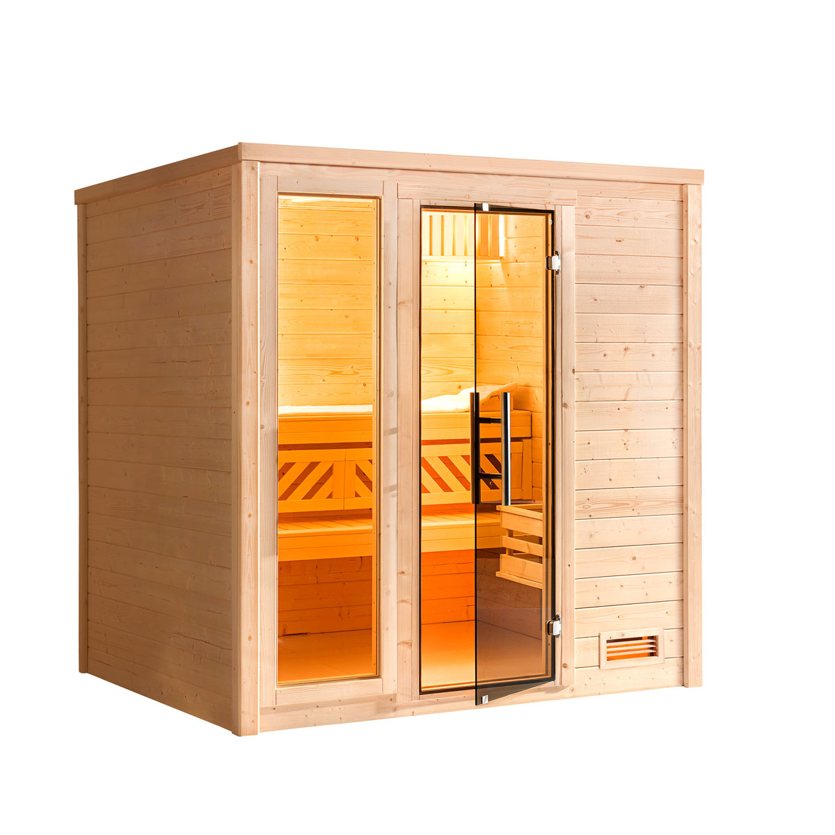 Weka  Premium Massivholz-Sauna Bergen Größe 2 Sparset 7,5 kW Bio S Glastuer