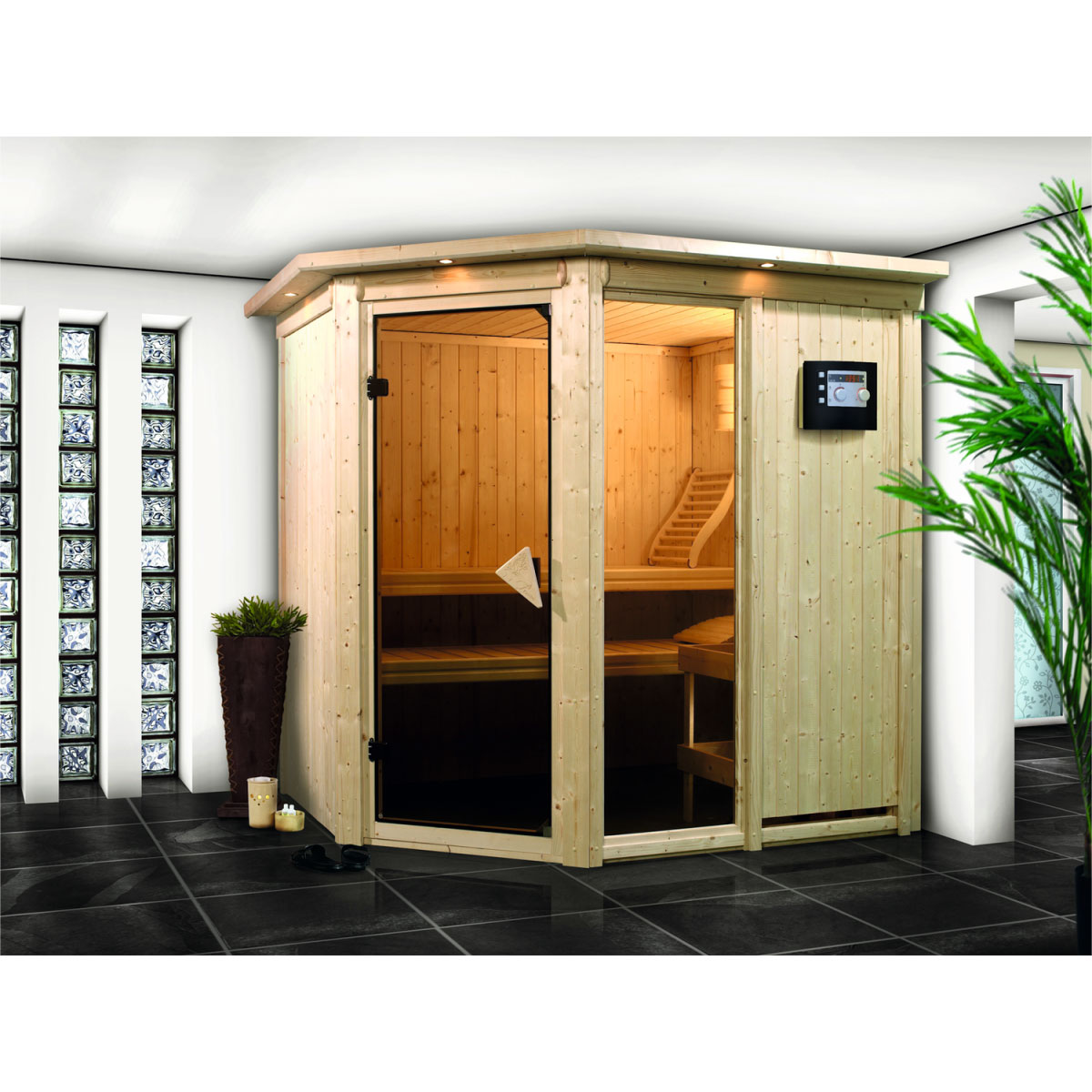 Karibu Systemsauna Fiona 1 68 mm 9 kW Ofen Bio externe Strg mit Dachkranz Bild 2