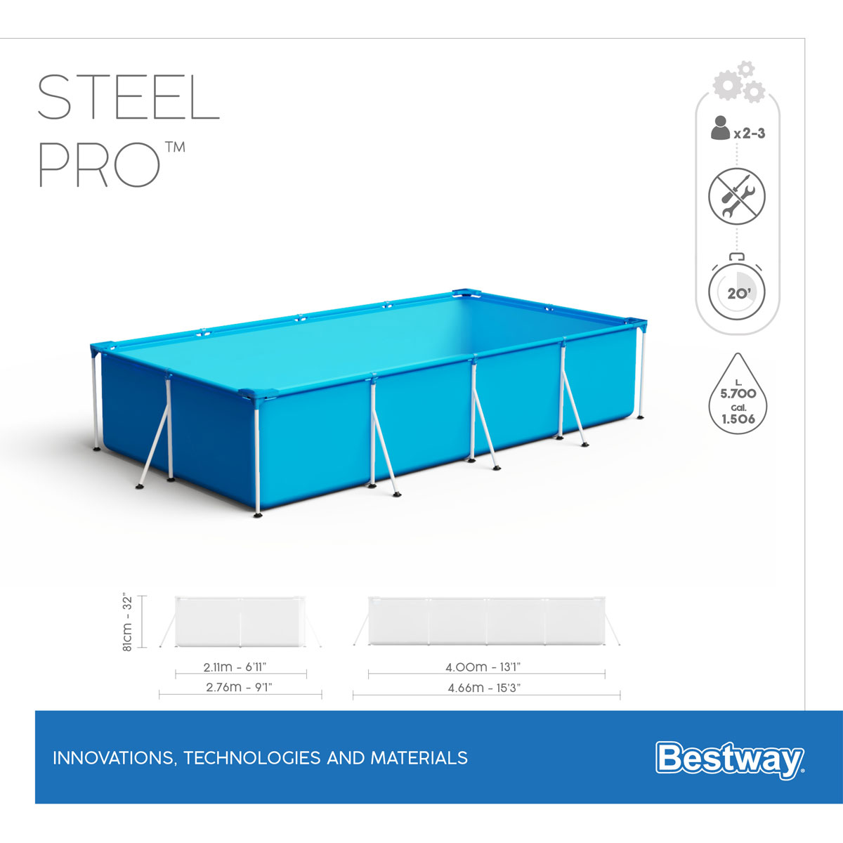 Bestway Steel Pro Frame Pool-Set mit Filterpumpe 400 x 211 x 81 cm blau eckig Bild 8