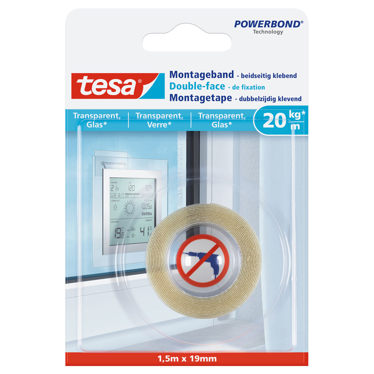 Tesa Montageband transparent Glas 1,5 m x 19 mm Traglast 20 kg