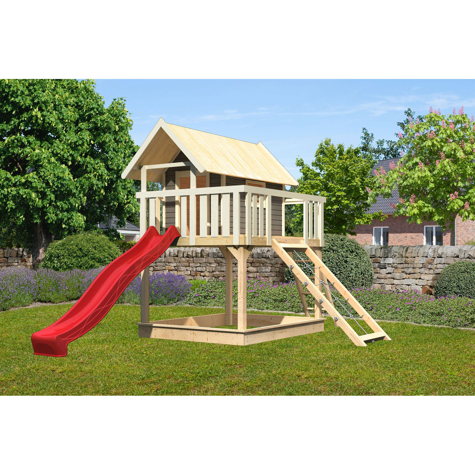 Karibu Fidel inklusive  Rampe terragrau Rutsche rot