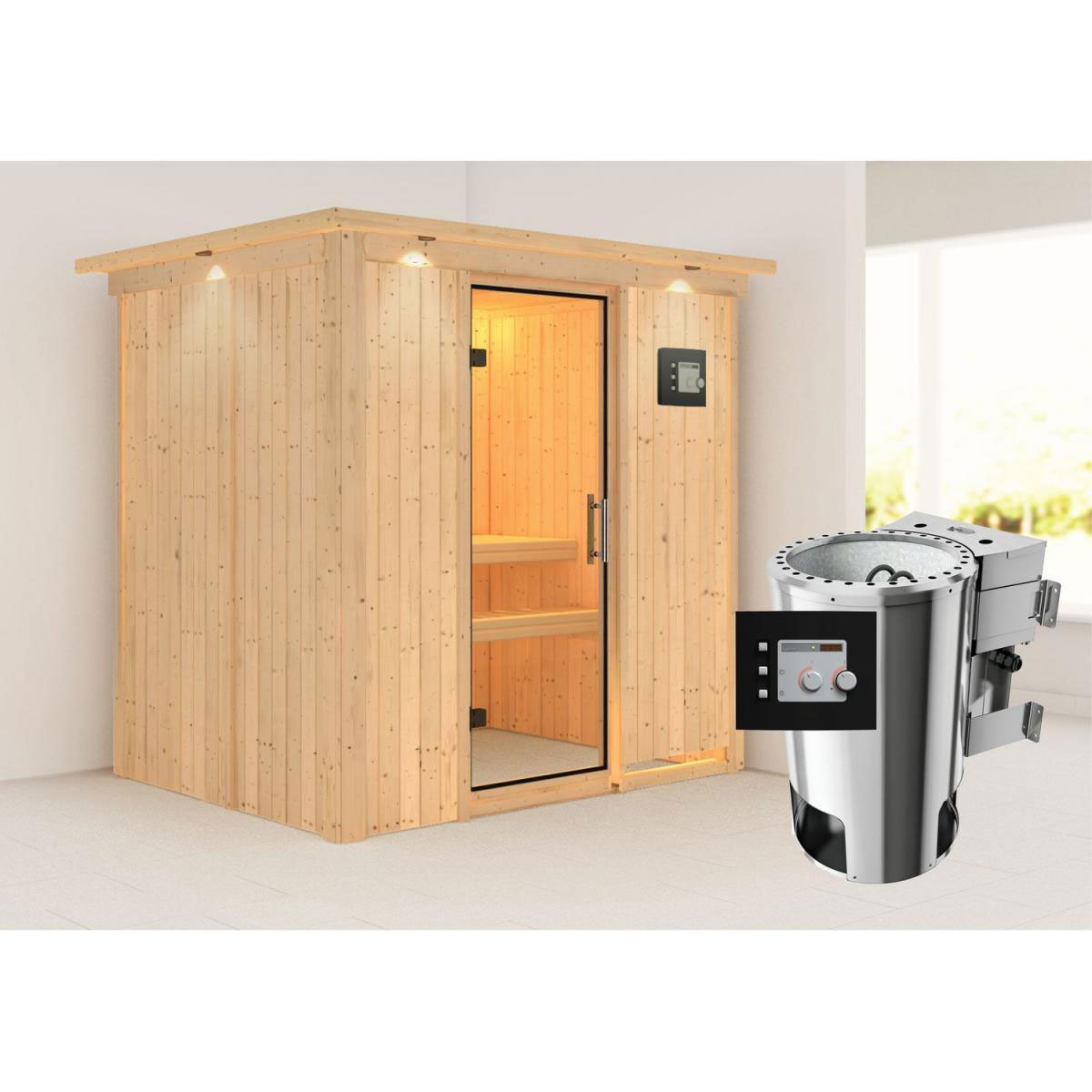Karibu Sauna Fanja Fronteinstieg 3,6 kW Bio Ofen externe Strg modern mit Kranz Klarglas-Tür Bild 7