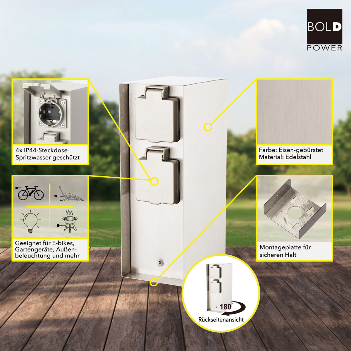 Steckdosensäule ORIO 4fach IP44 Eisen-gebürstet Bild 3