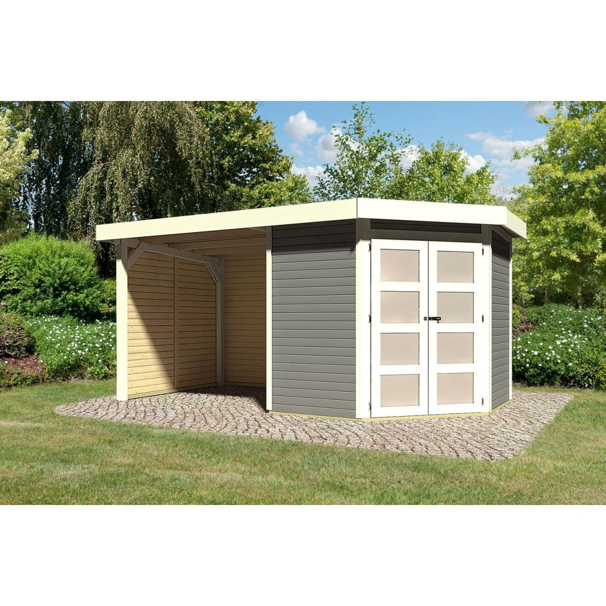 Karibu Gartenhaus Goldendorf 3/5 mit Anbaudach 220 cm und Seiten-/Rückwand 213 x 217 x 218 cm grau