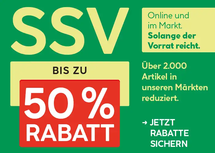 Schrift auf grünem Hintergrund, Bis zu 50% Rabatt rot quadratisch