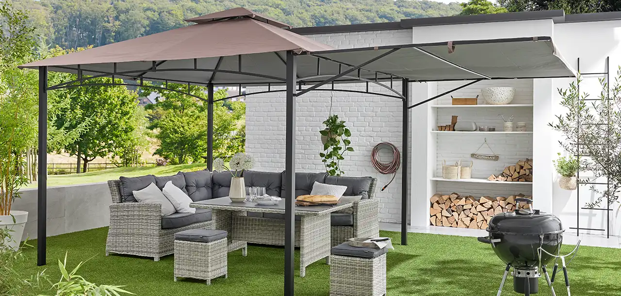 Haveson Pavillon mit ausklappbarem Seitenteil in Terracotta mit Gartenmöbeln und einem Grill 