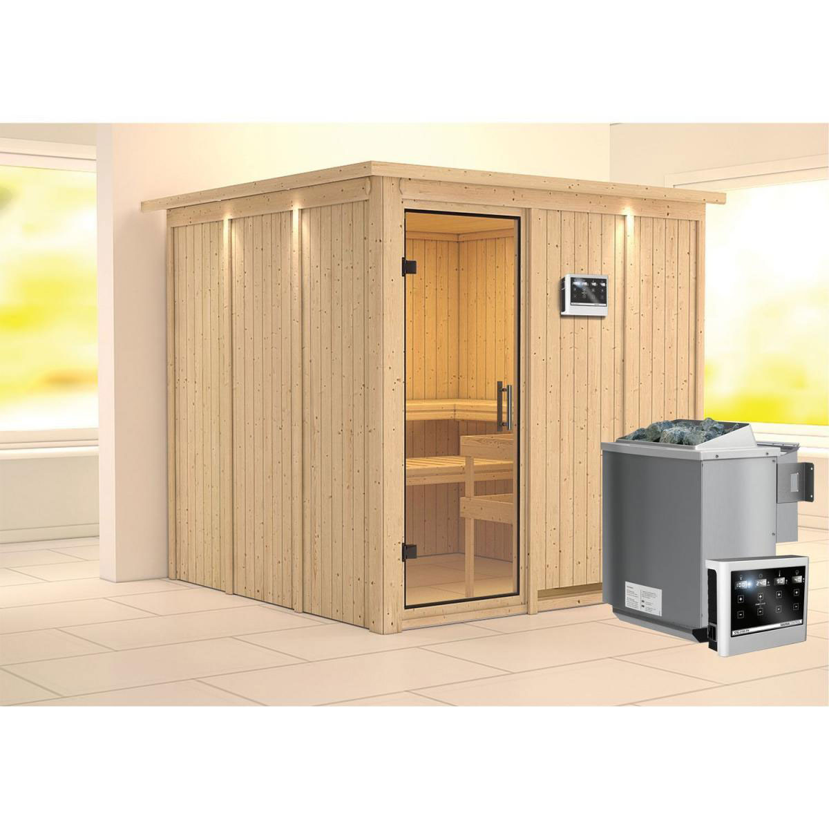 Karibu Sauna Rodin Fronteinstieg 9kW Bio Ofen mit Kranz Klarglas-Tür Bild 7