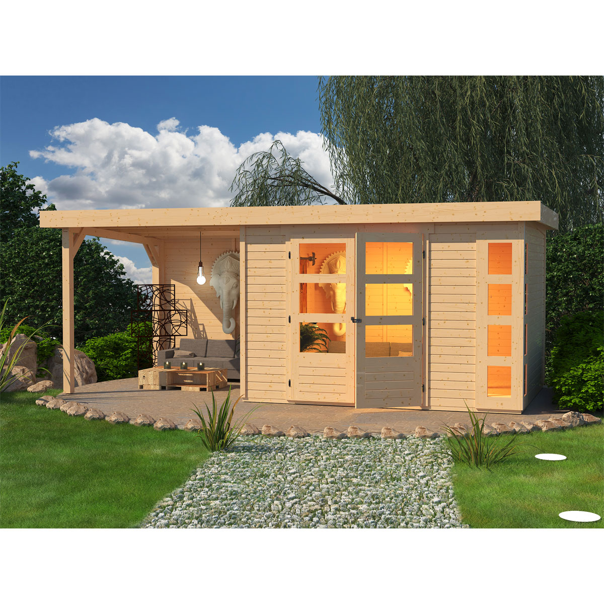 Karibu BBH Kerko 5 Set mit Anbaudach naturbelassen Bild 2