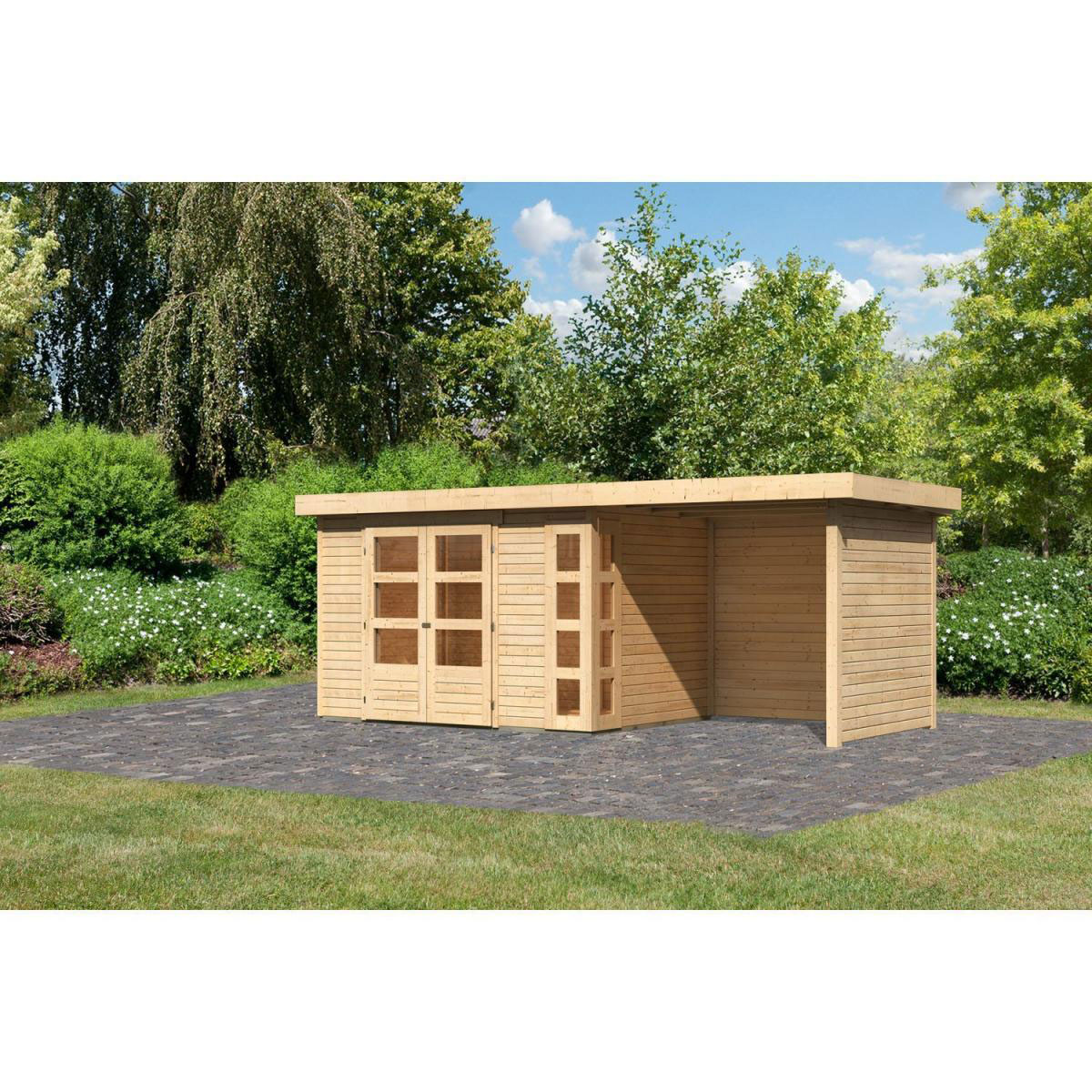 Karibu Gartenhaus-Set Kerko 4 mit Anbaudach 2,4 m mit Seiten- und Rückwand naturbelassen