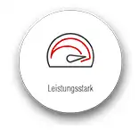 Symbol mit Schriftzug "Leistungsstark" und einem stilisierten Tachometer im Hintergrund.