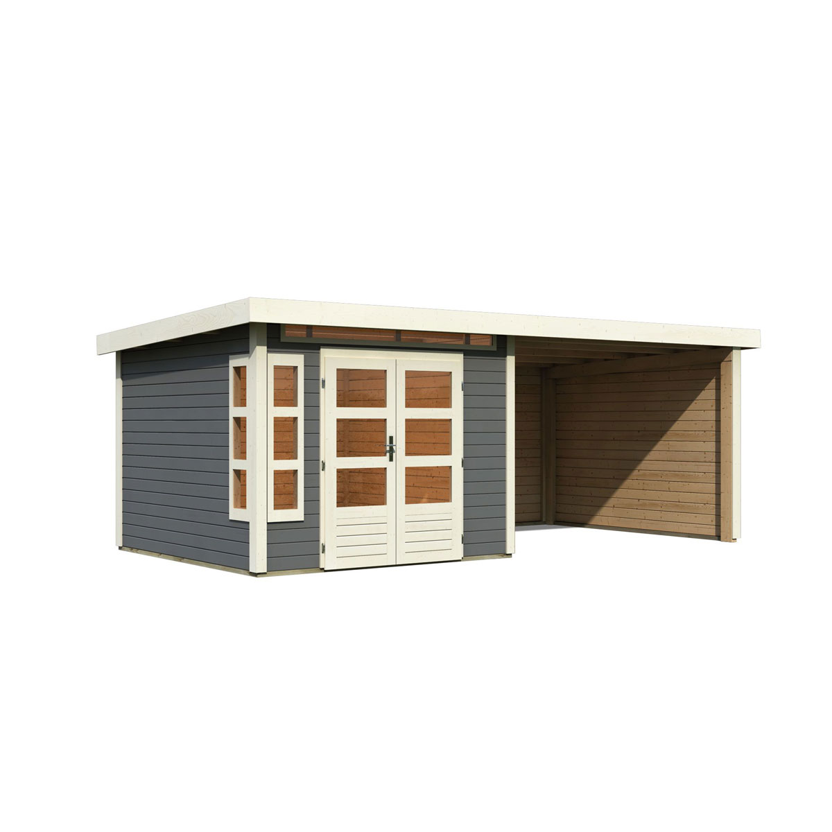 Karibu  Blockbohlenhaus Kastorf 6 terragrau mit Anbaudach und Seiten Bild 3