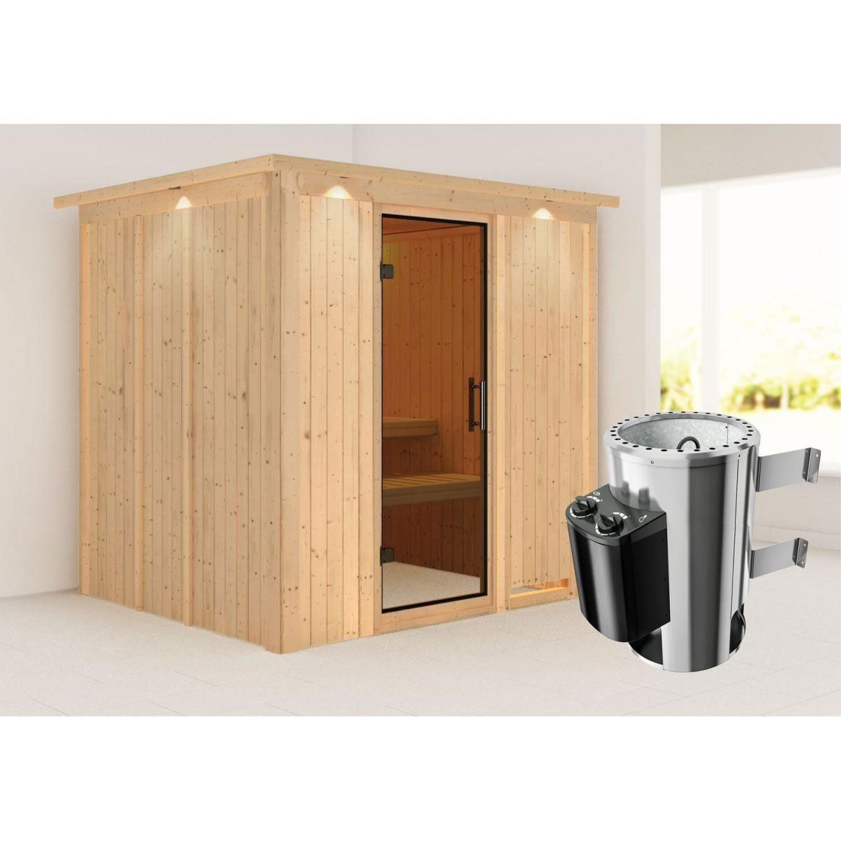 Karibu Sauna Daria Fronteinstieg 3,6 kW Ofen integr Strg mit Kranz graphitfarbene Glastür Bild 7