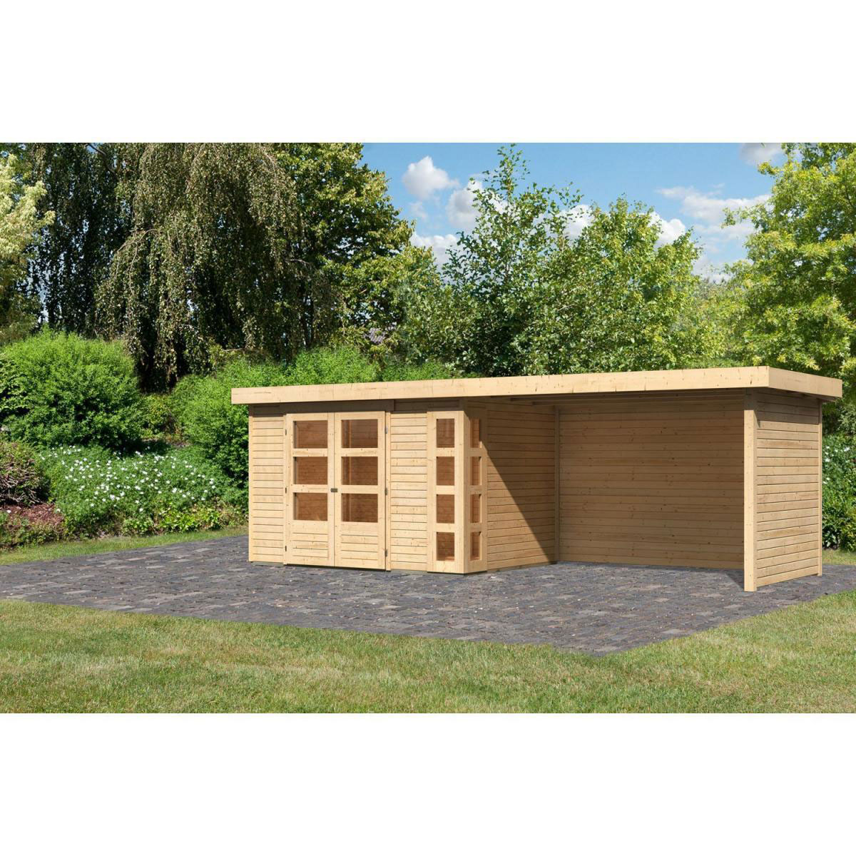 Karibu Gartenhaus-Set Kerko 4 mit Anbaudach 2,8 m mit Seiten- und Rückwand naturbelassen