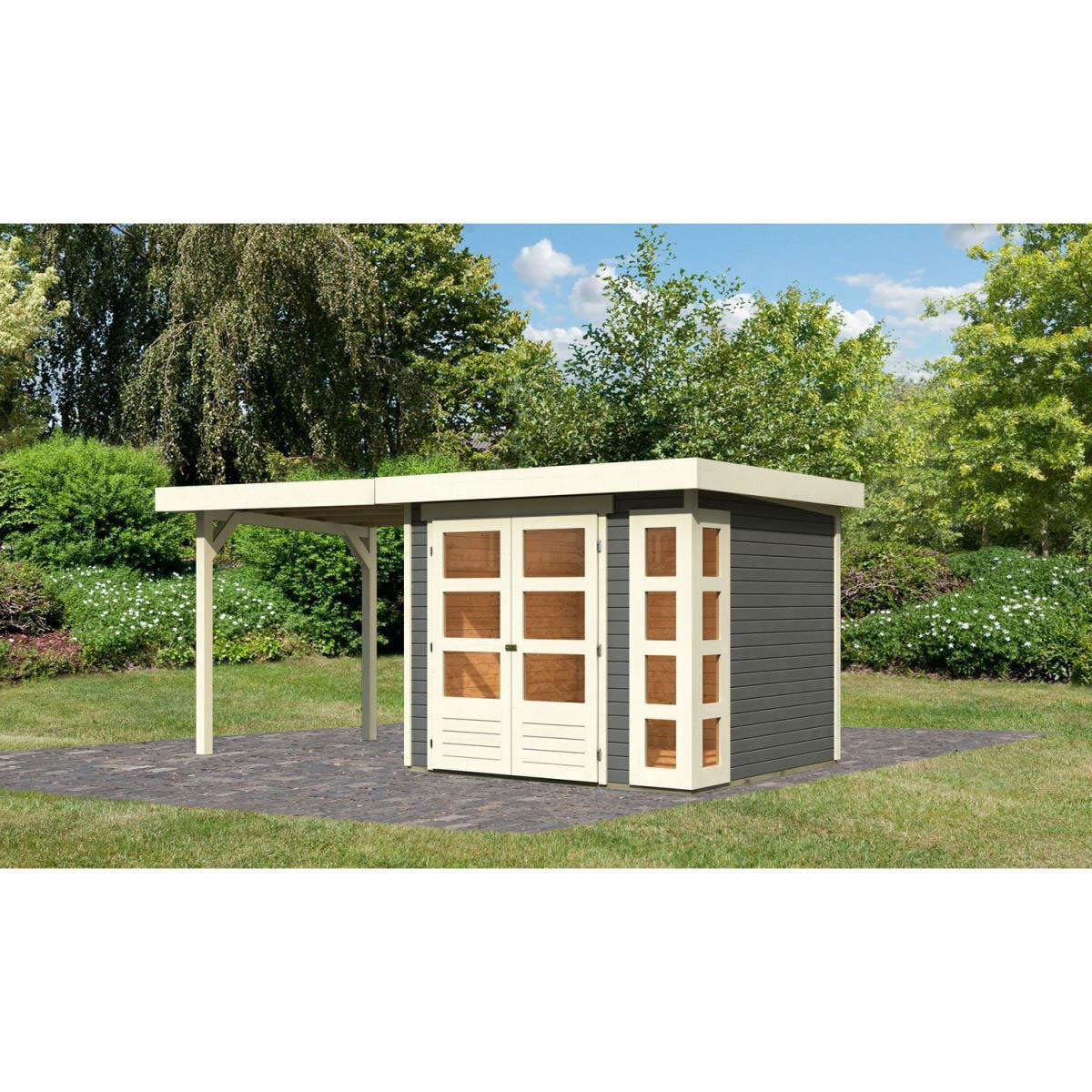 Karibu Gartenhaus-Set Kerko 3 mit Anbaudach 2,4 m terragrau