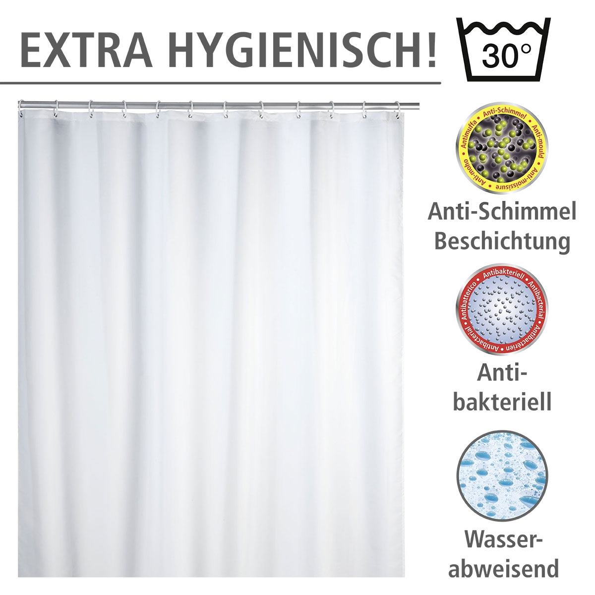 Wenko  Anti-Schimmel Duschvorhang Uni White Textil Polyester 180 x 200 cm waschbar Bild 3