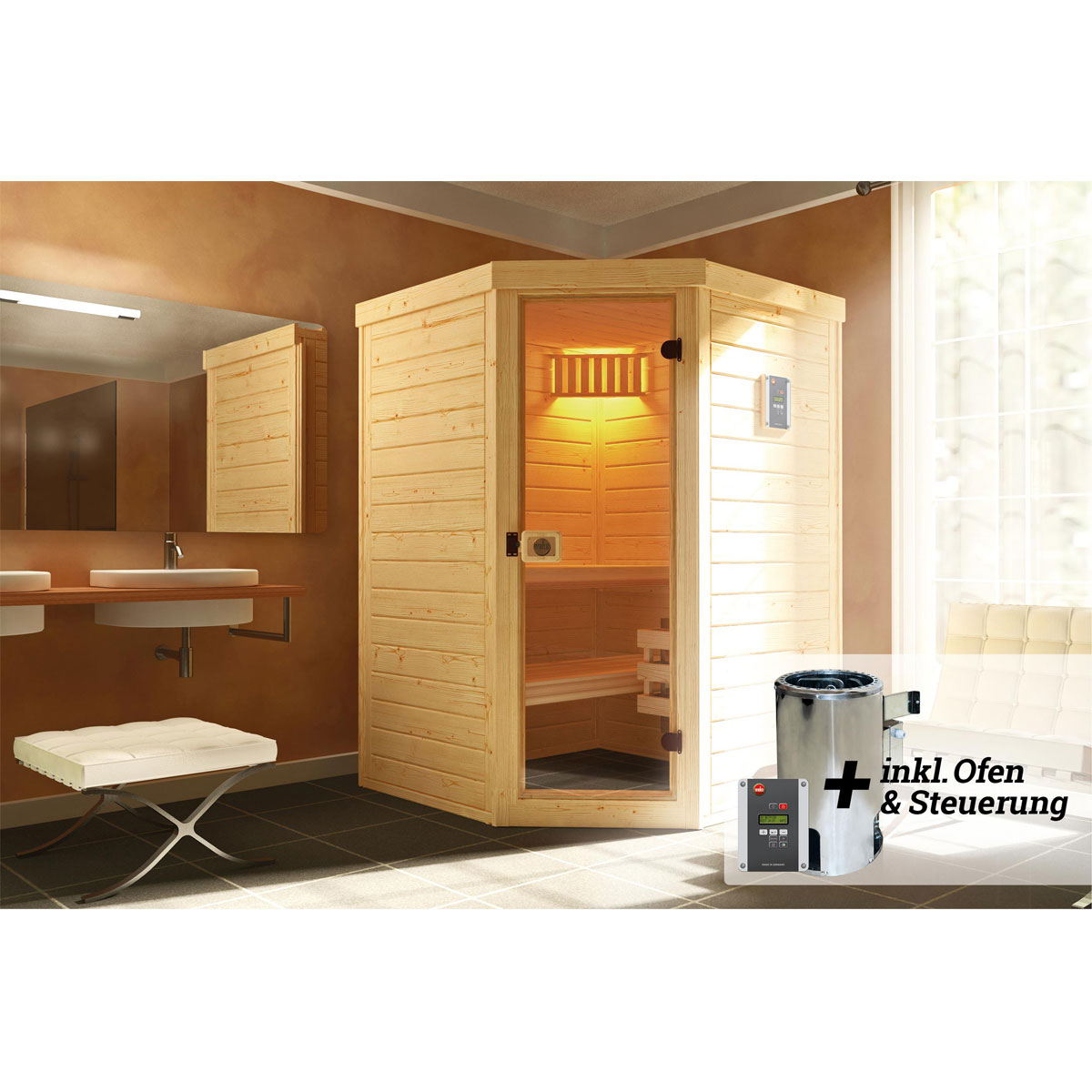 Weka  Elementsauna Varberg Eck Größe 4 Sparset 7,5 kW Bio S Glastuer Bild 2