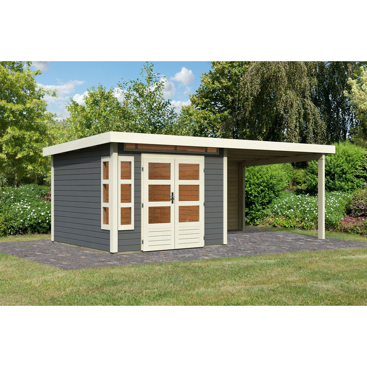 Karibu  Blockbohlenhaus Kastorf 6 terragrau mit Anbaudach und Rückwand
