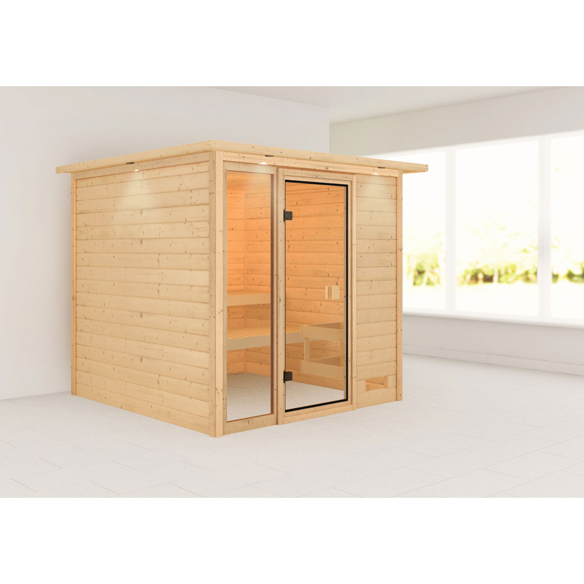 Karibu Sauna Jutta mit Kranz naturbelassen ohne Ofen