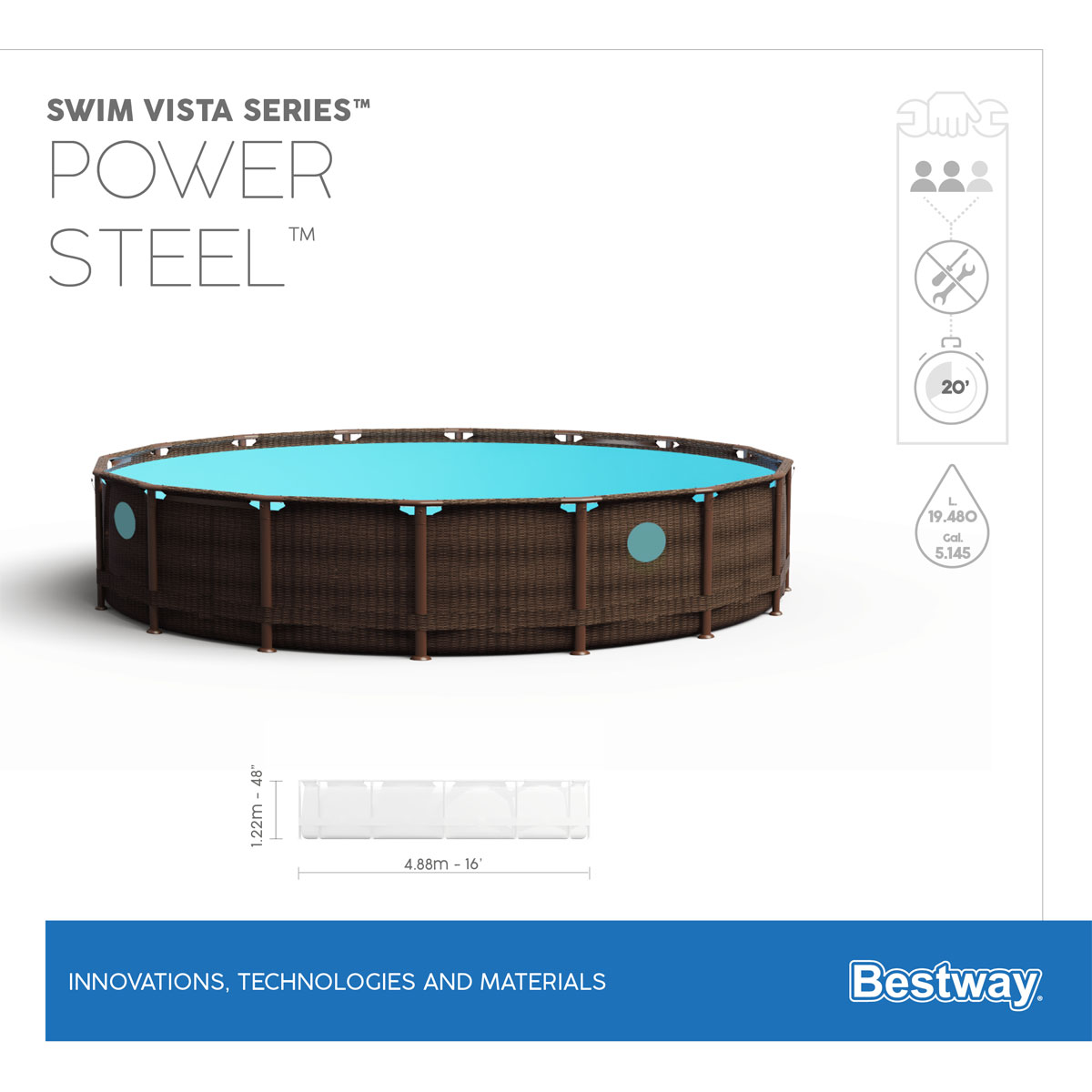 Bestway Power Steel Swim Vista Series Frame Pool Komplett-Set rund 488 x  122 cm | K000037641