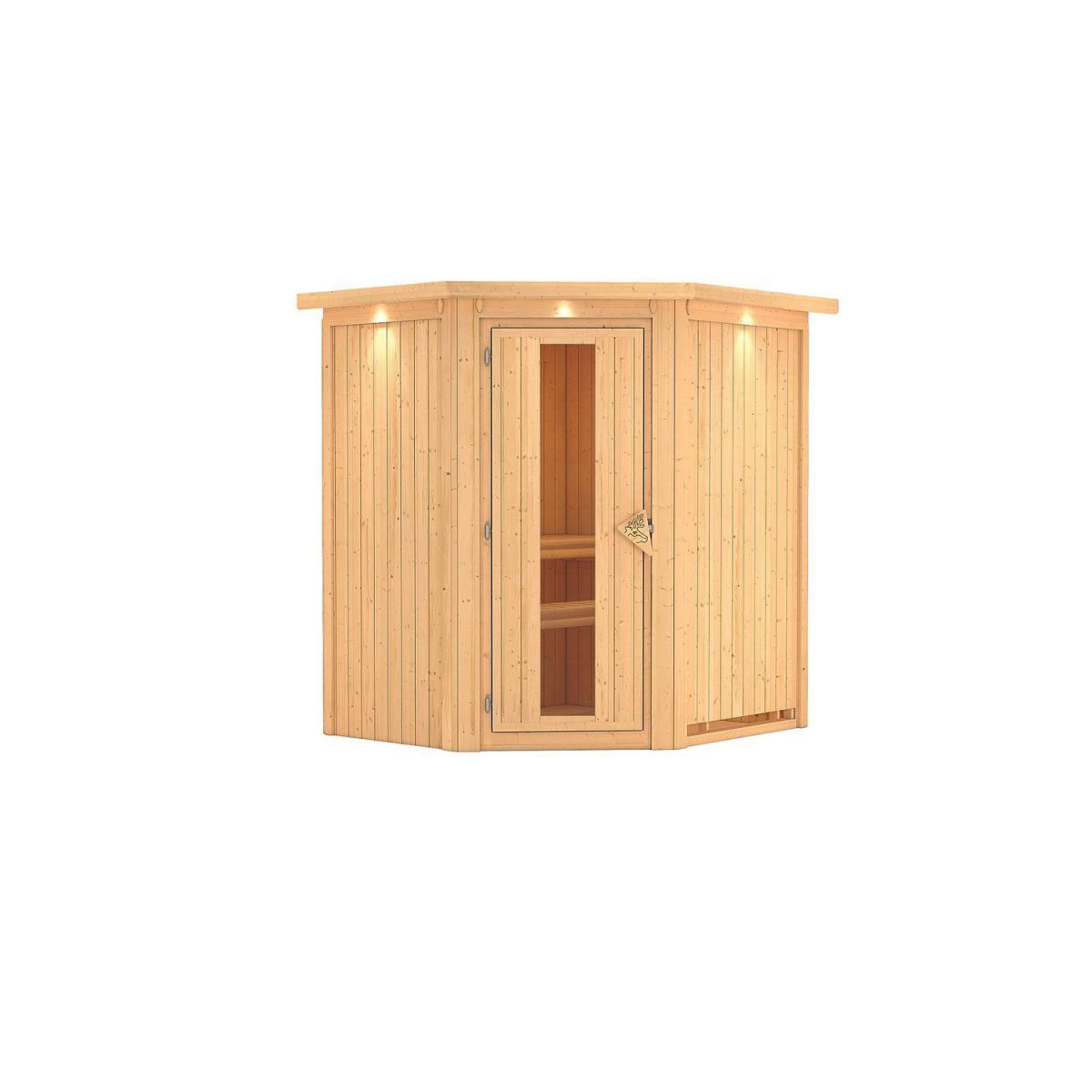 Karibu Sauna Tonja Eckeinstieg ohne Ofen mit Kranz Energiespartür