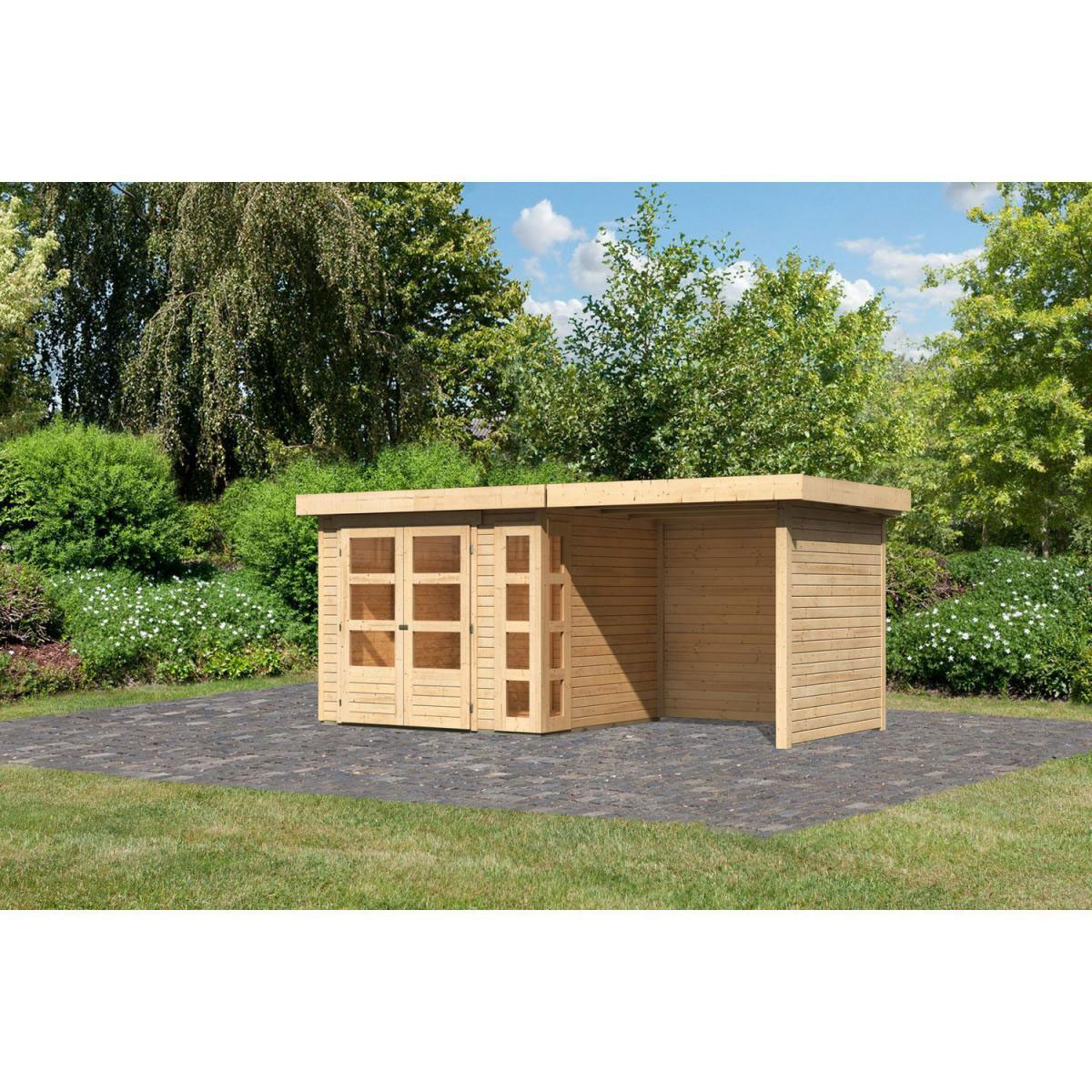 Karibu Gartenhaus-Set Kerko 3 mit Anbaudach 2,4 m mit Seiten- und Rückwand naturbelassen