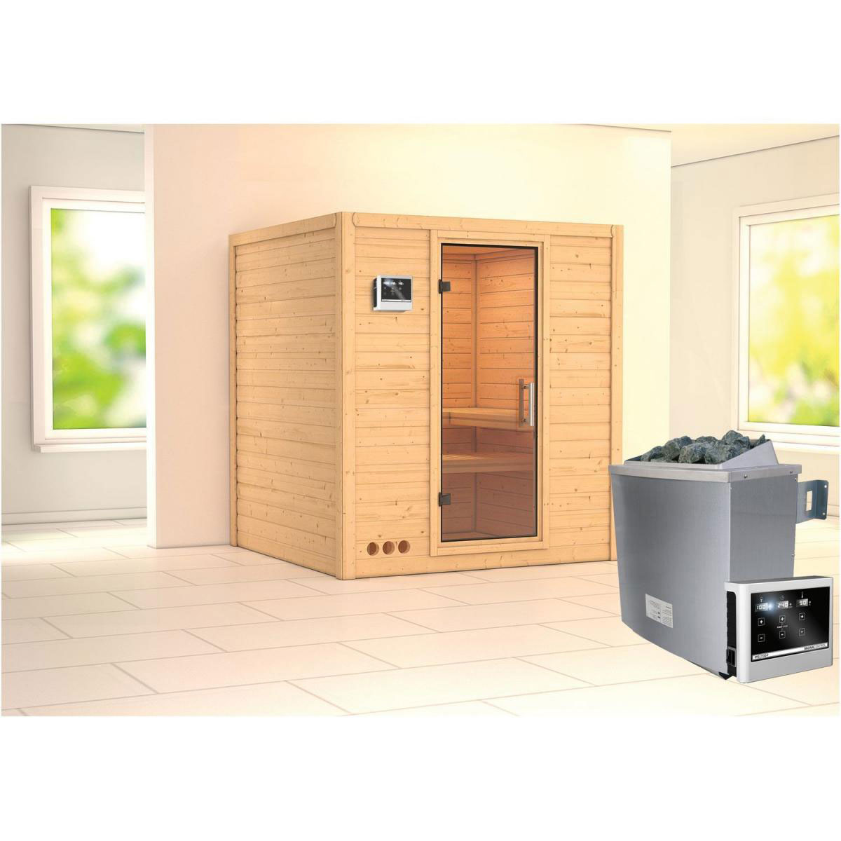 Karibu Sauna Mojave Fronteinstieg 9 kW Ofen externe Strg kein Kranz Klarglas-Tür Bild 5