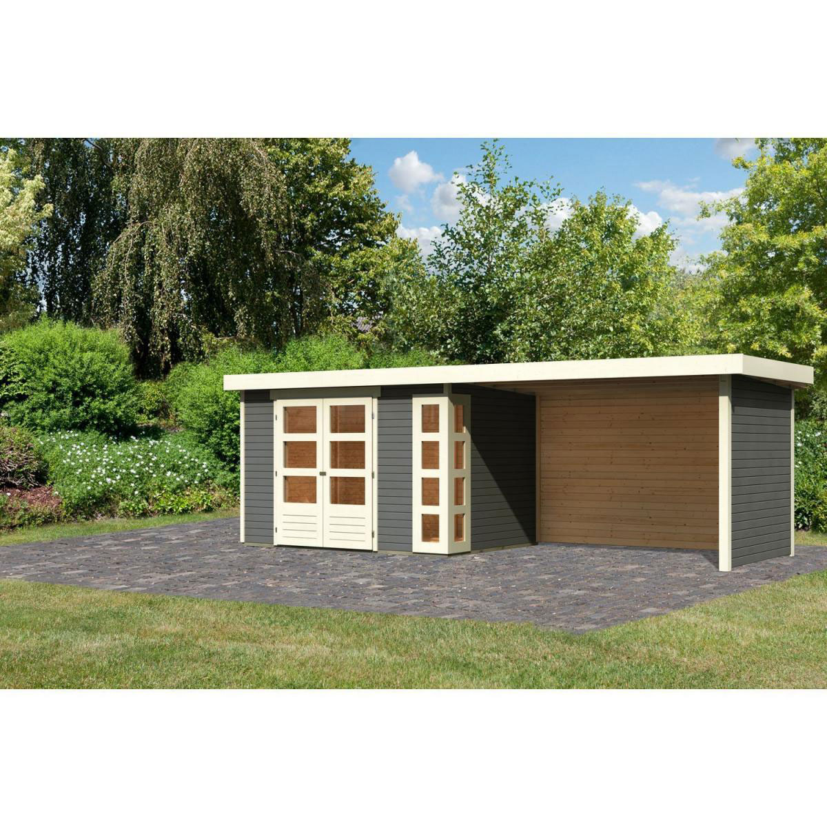 Karibu Gartenhaus-Set Kerko 4 mit Anbaudach 2,8 m mit Seiten- und Rückwand terragrau