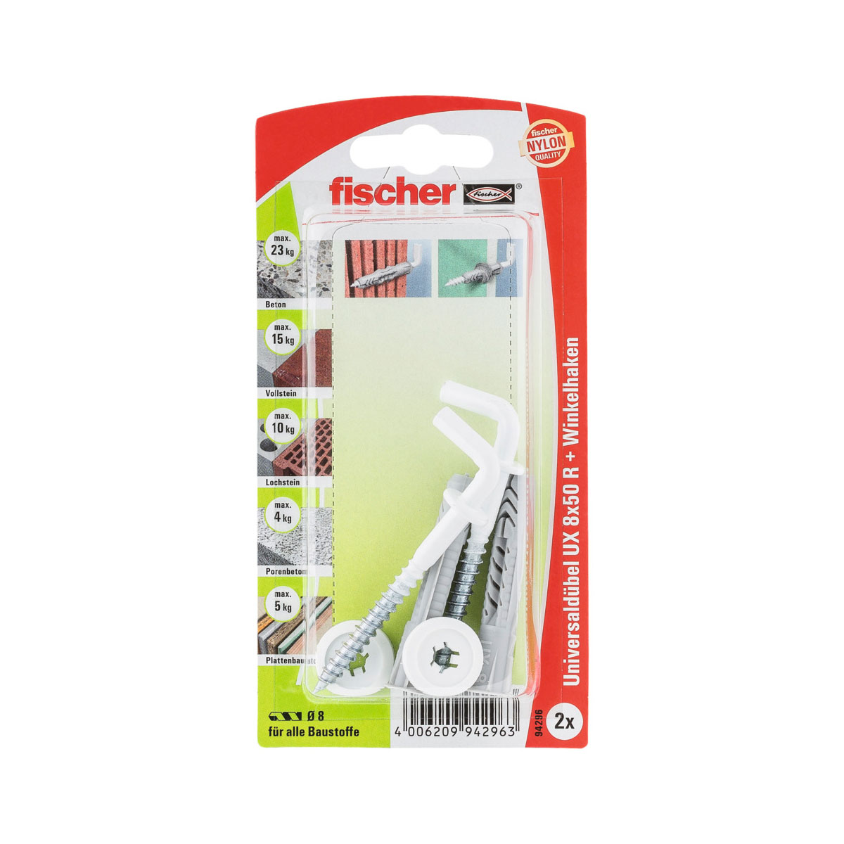 Fischer Universaldübel UX 8 x 50 mm mit Winkelhaken nylonbeschichtet 2 Stück