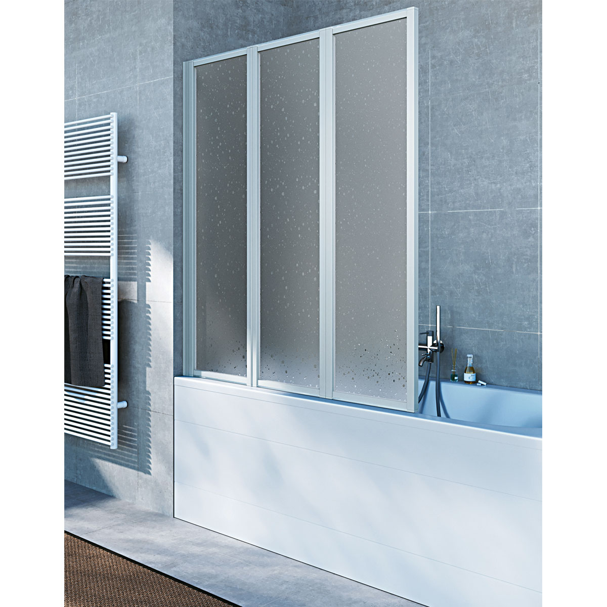 Badewannenfaltwand Mali 2 Dekor Tropfen 3 teilig silber Badewannenfaltwand Mali 2 Dekor Tropfen 3 teilig silber