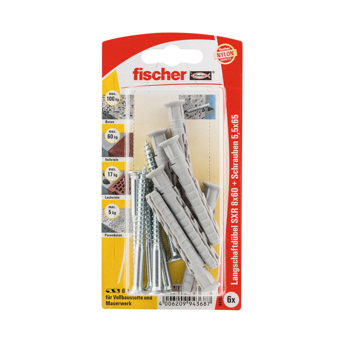 Fischer Langschaftdübel SX R 8 x 60 mm mit Senkkopfschraube 6 Stück