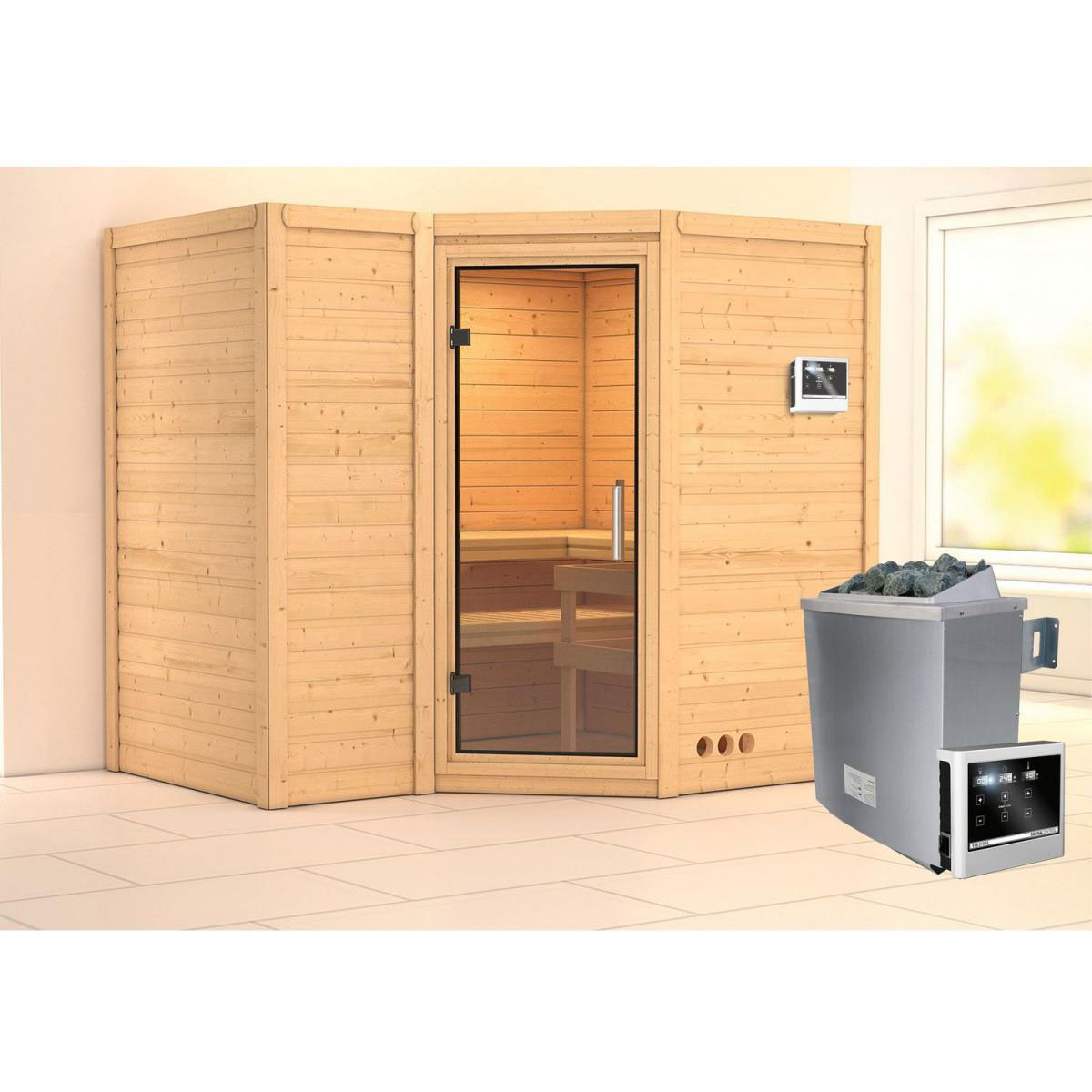 Karibu Sauna Sahib 2 Eckeinstieg 9 kW Ofen externe Strg kein Kranz Klarglas-Tür Bild 5