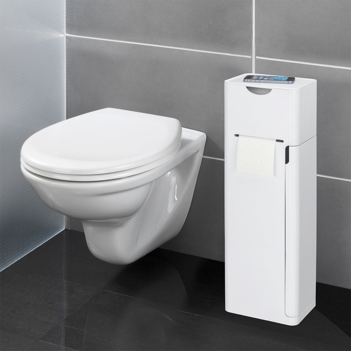 Wenko 6 in matt Stand Toilettenpapierhalter Stauraumfächer WC-Bürstenhalter Ersatzrollenhalter 514825 und Ablage | integrierter WC-Garnitur Imon 1 Weiß