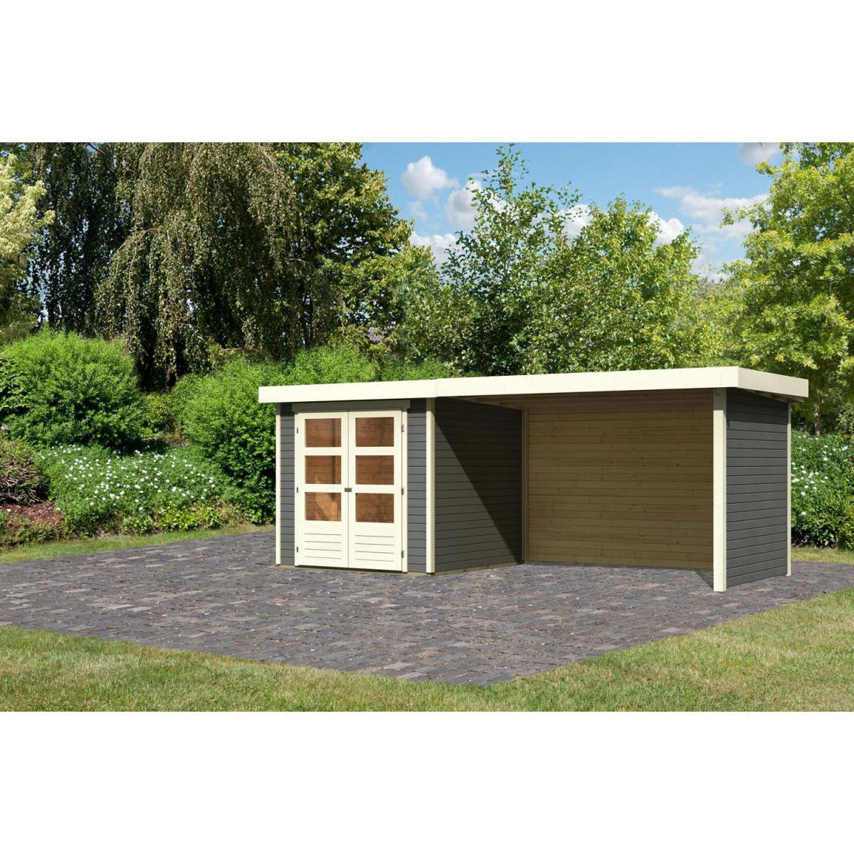 Karibu Gartenhaus-Set Askola 2 mit Anbaudach 2,80 m mit Seiten- und Rückwand terragrau