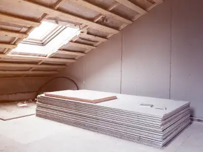 Ein Stapel Gipsplatten liegt auf dem Boden in einem halb ausgebauten Dachboden mit Fenster.