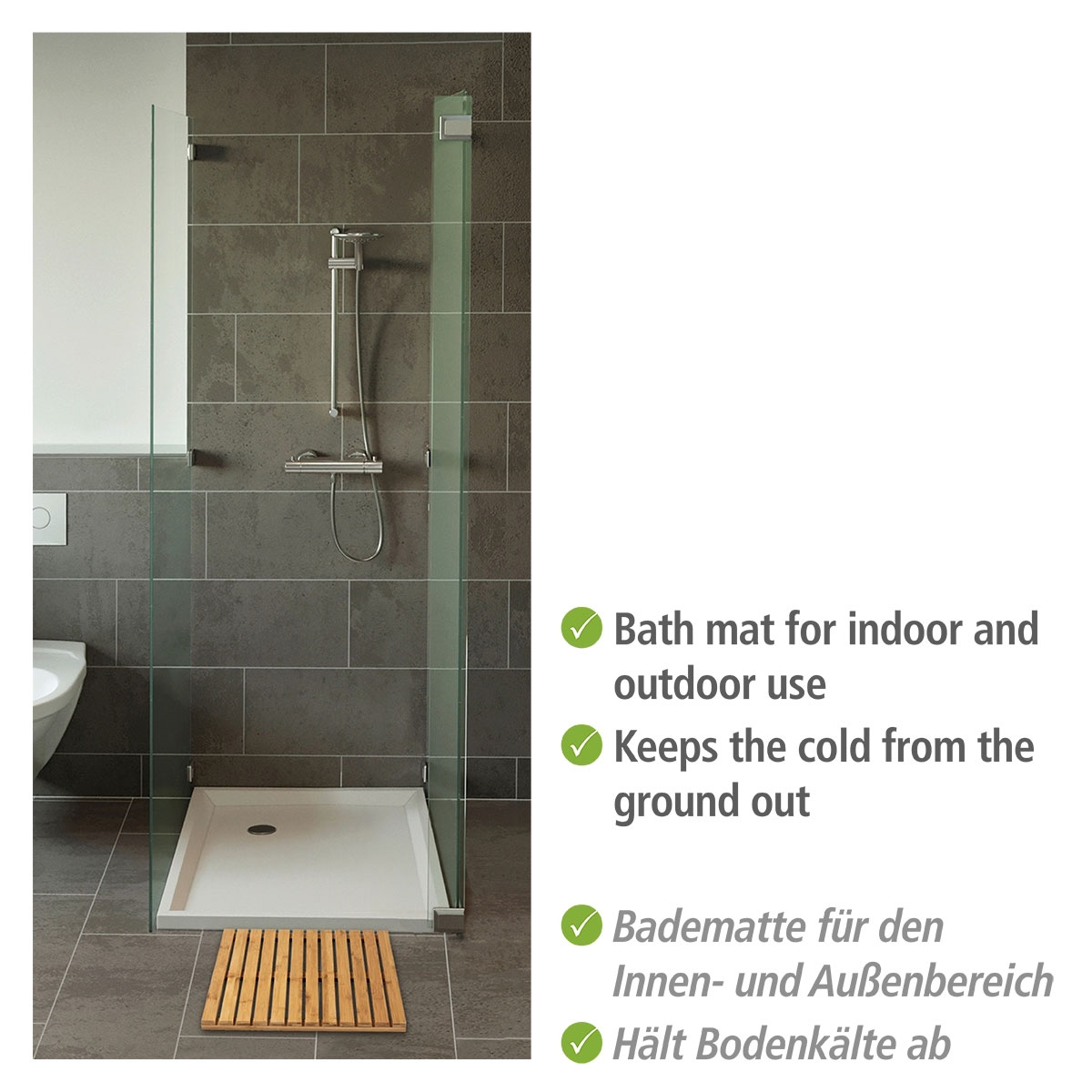 Wenko  Baderost Indoor und Outdoor Bambus 50 x 50 cm Badematte Bodenrost für Dusche Bad Pool mit rutschhemmender Unterseite Bild 3