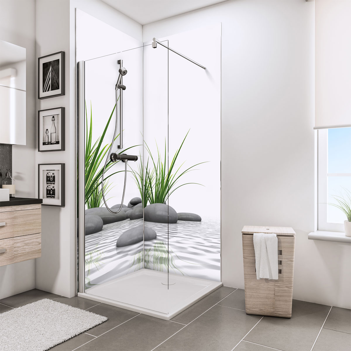 Schulte ExpressPlus Duschrueckwand DecoDesign Foto ue Eck Zen Steine u Gras 2100 x 900