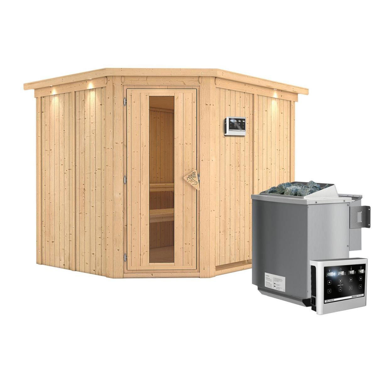 Karibu Sauna Malin Eckeinstieg 9 kW Ofen Bio externe Strg Tür gedämmt mit Kranz Bild 2