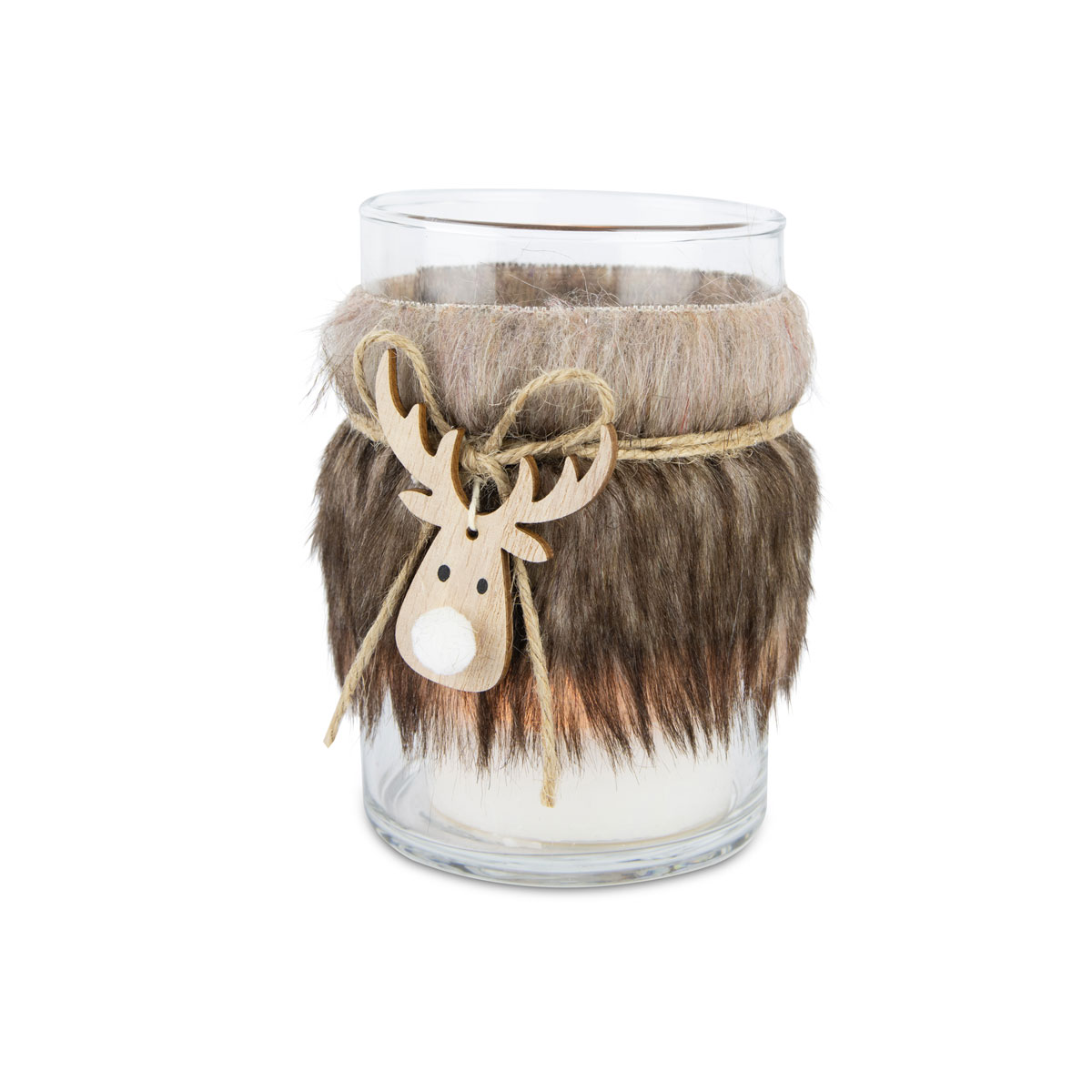 Windlicht mit Filz und Hirschkopf Glas 8,5 x 8,5 x 12 cm braun