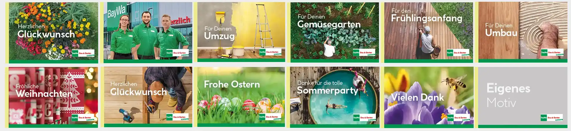 Zwölf BayWa Gutscheinkarten zeigen Szenarien mit Texten wie "Herzlichen Glückwunsch" und "Für deinen Umzug".