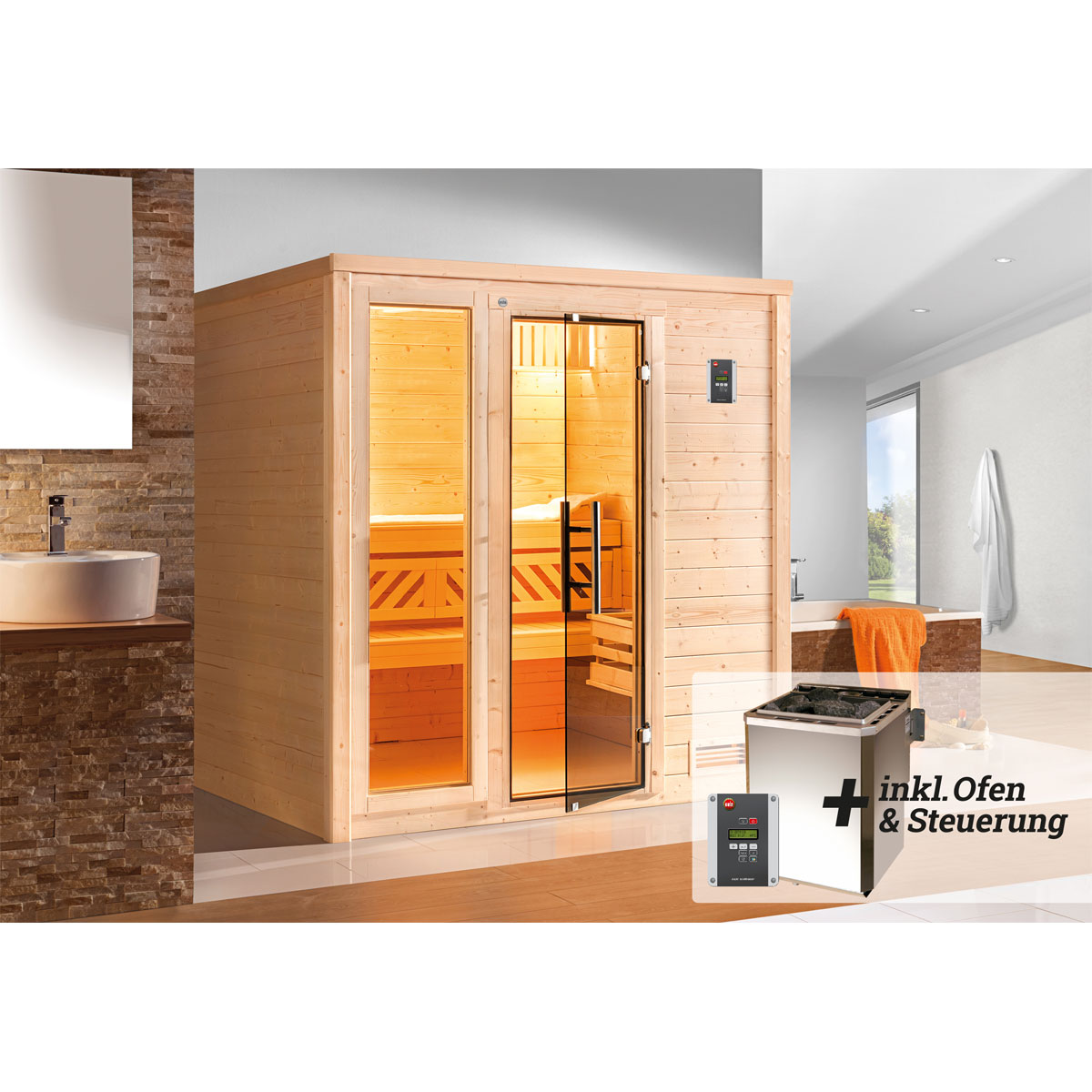Weka  Premium Massivholz-Sauna Bergen Größe 1 Sparset 7,5 kW OS Glastuer Bild 2