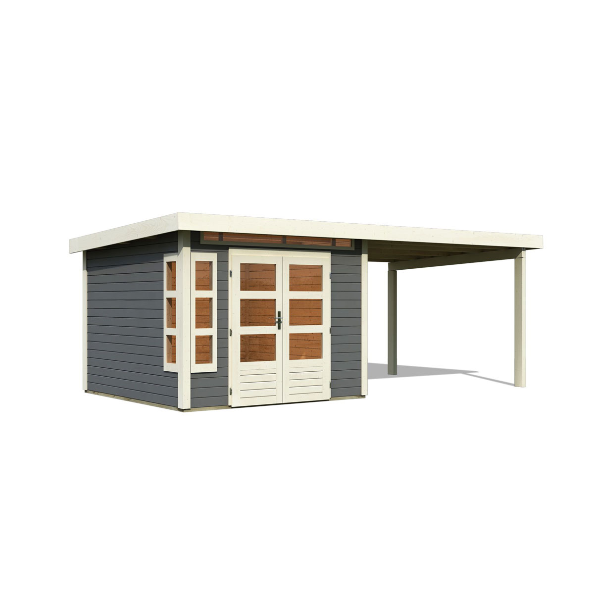 Karibu  Blockbohlenhaus Kastorf 6 terragrau mit Anbaudach Bild 3